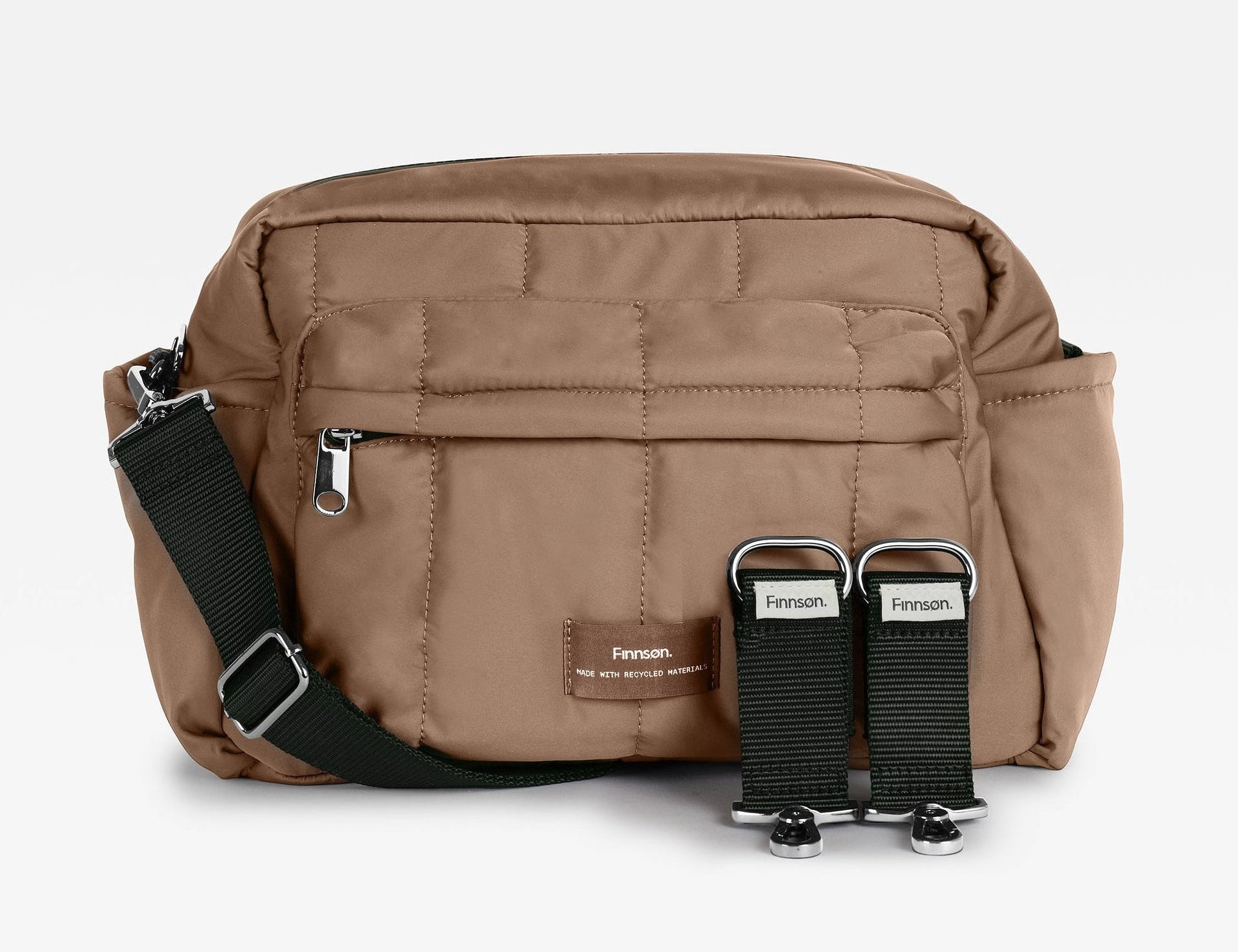 Freya Eco Oversized Stroller Organiser in Mocha: front view with dark green crossbody strap and two stroller clips
