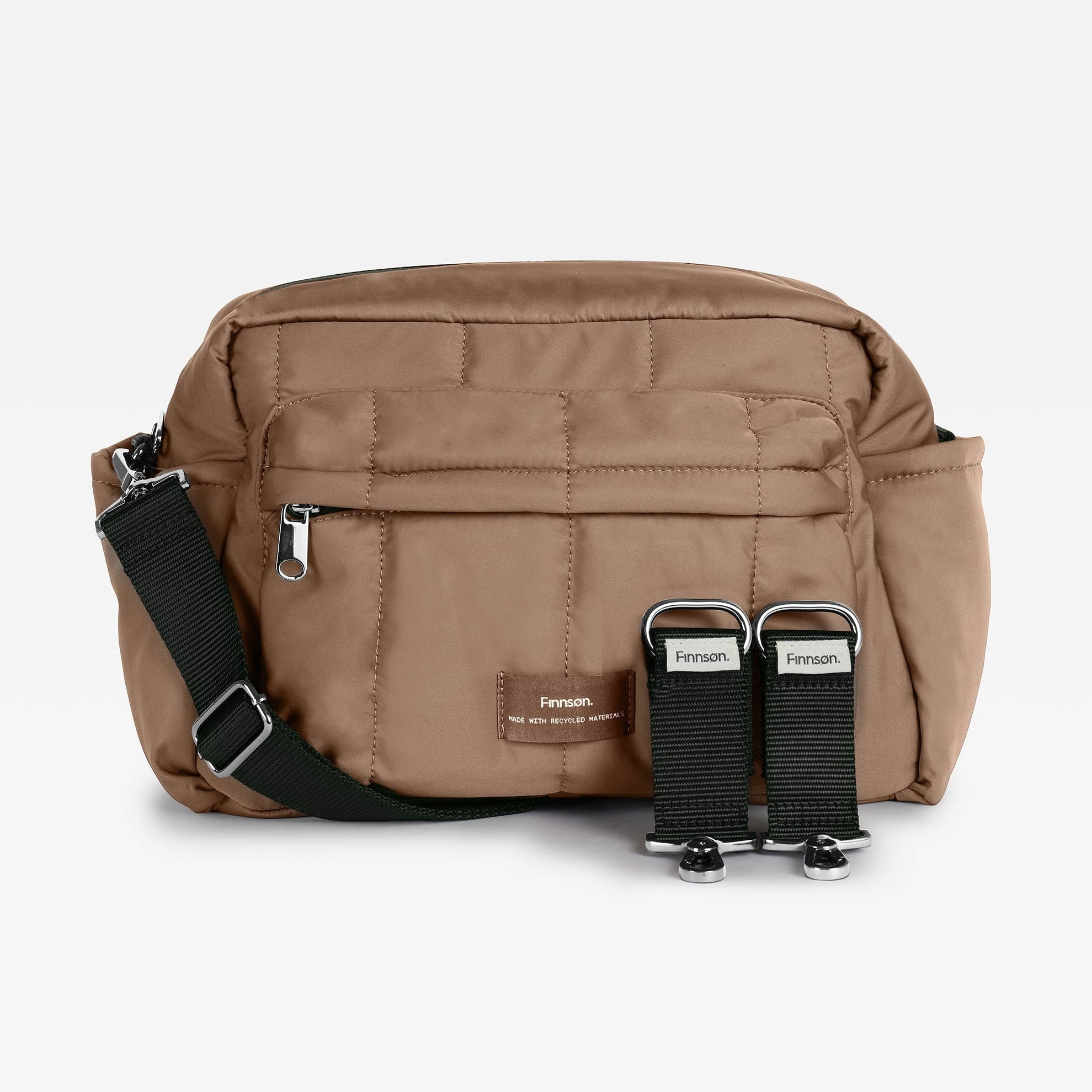 Freya Eco Oversized Stroller Organiser in Mocha: front view with dark green crossbody strap and two stroller clips