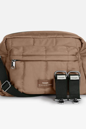Freya Eco Oversized Stroller Organiser in Mocha: front view with dark green crossbody strap and two stroller clips
