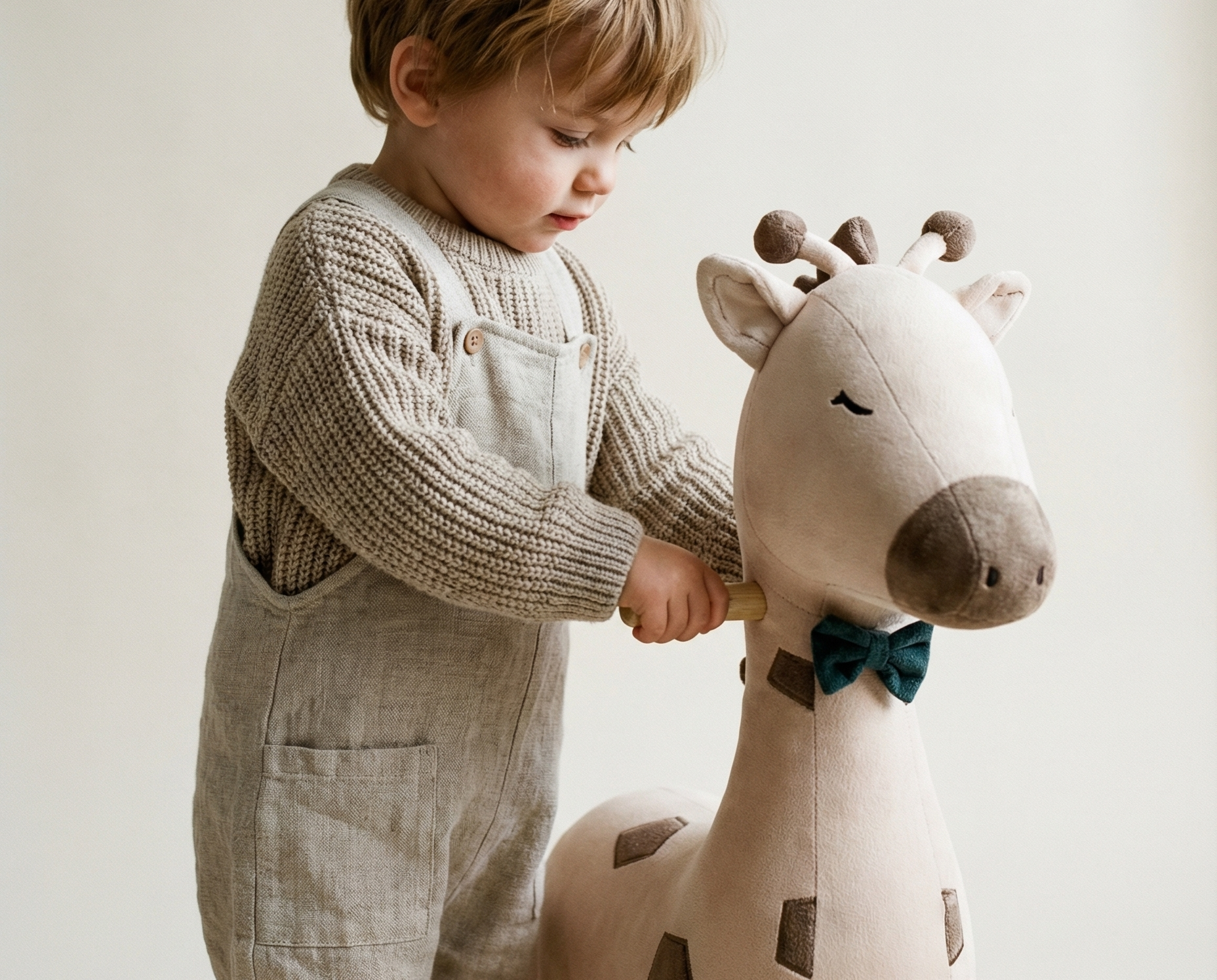 Freddie the Giraffe Rocker with a toddler in a knit jumper and dungarees holding its wooden handle and looking down at it