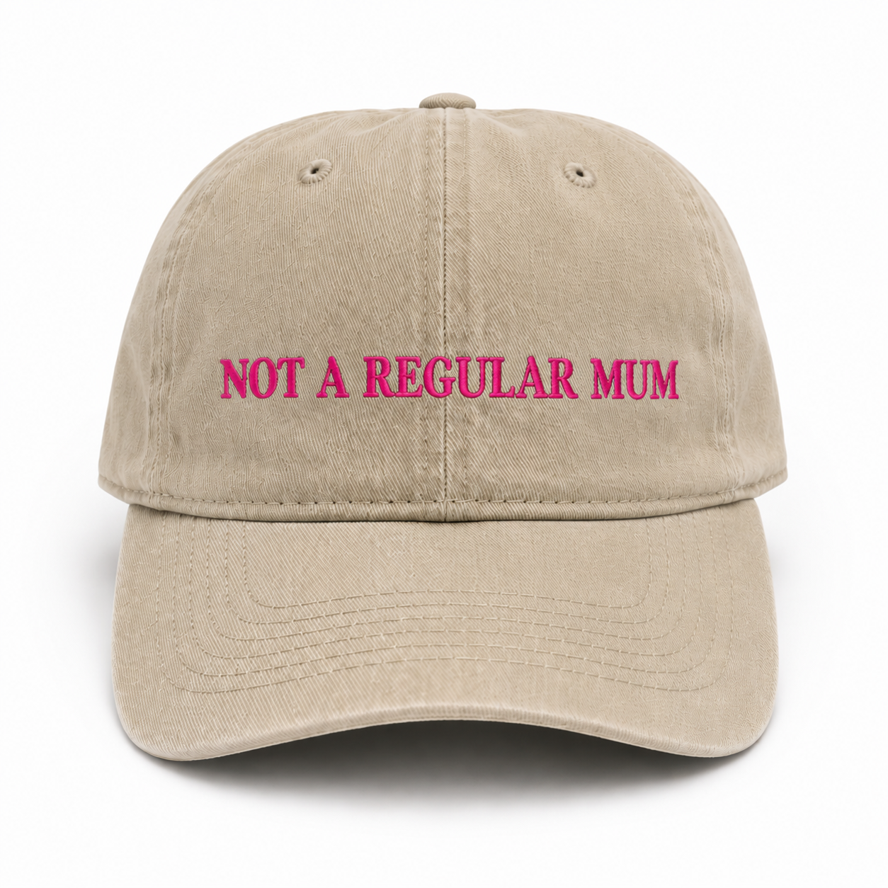 Beige cap with 'Not a Regular Mum' text in pink on a white background