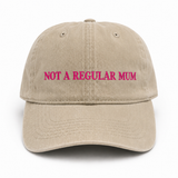 Beige cap with 'Not a Regular Mum' text in pink on a white background