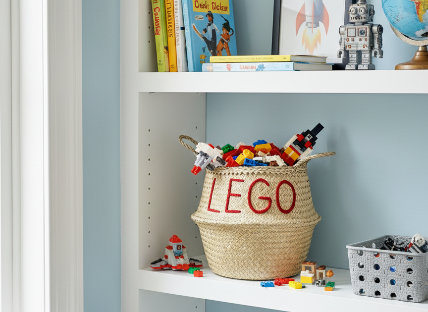 LEGO belly basket, large, on a white shelf filled with toy bricks, beside books, a rocket print and a toy robot