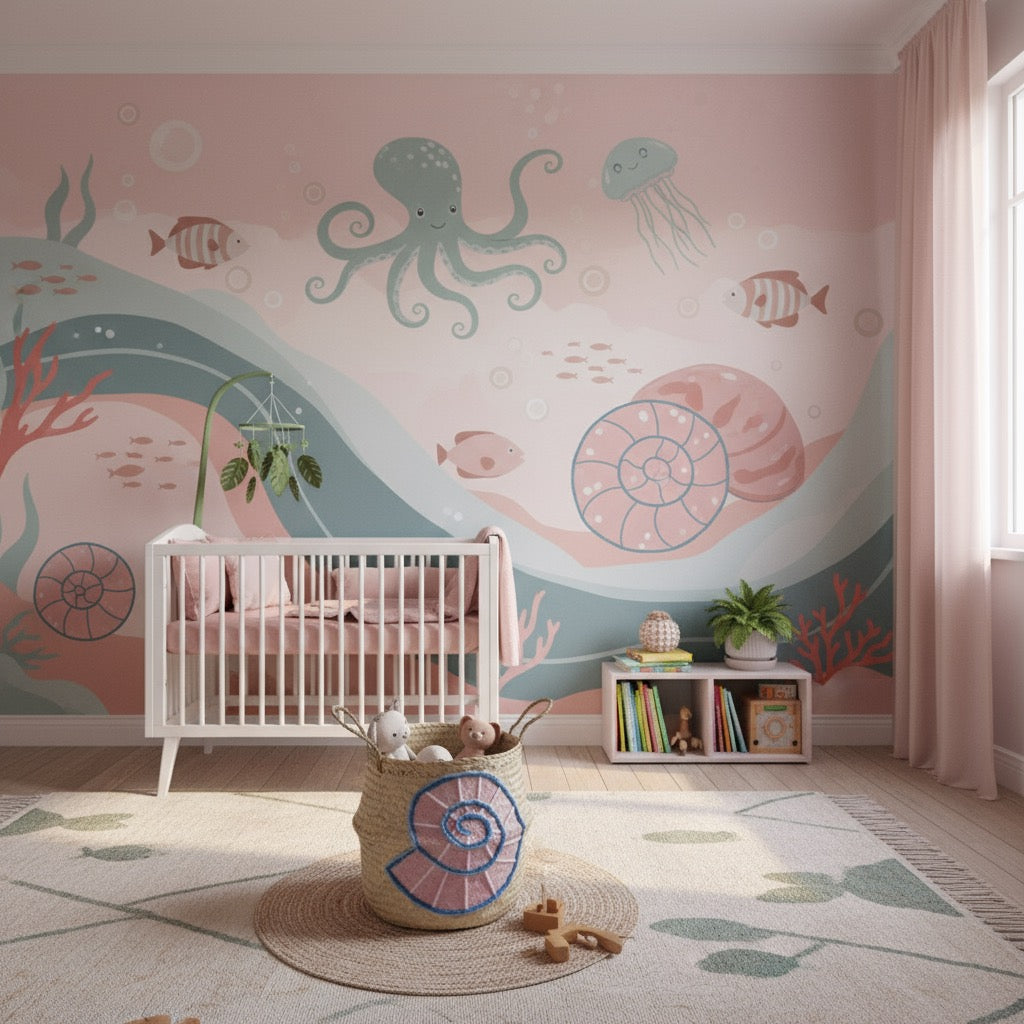 Shell belly basket, large, in a pink sea-themed nursery, sitting on a round mat in front of a white cot