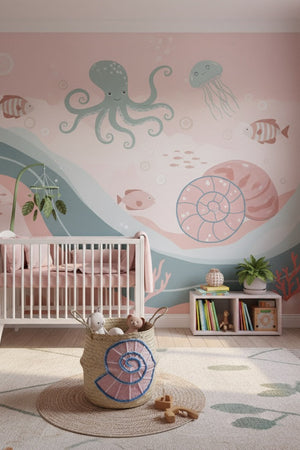 Shell belly basket, large, in a pink sea-themed nursery, sitting on a round mat in front of a white cot