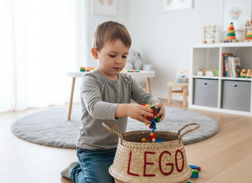 LEGO belly basket, large, on a playroom floor with a child kneeling and putting toy bricks into it