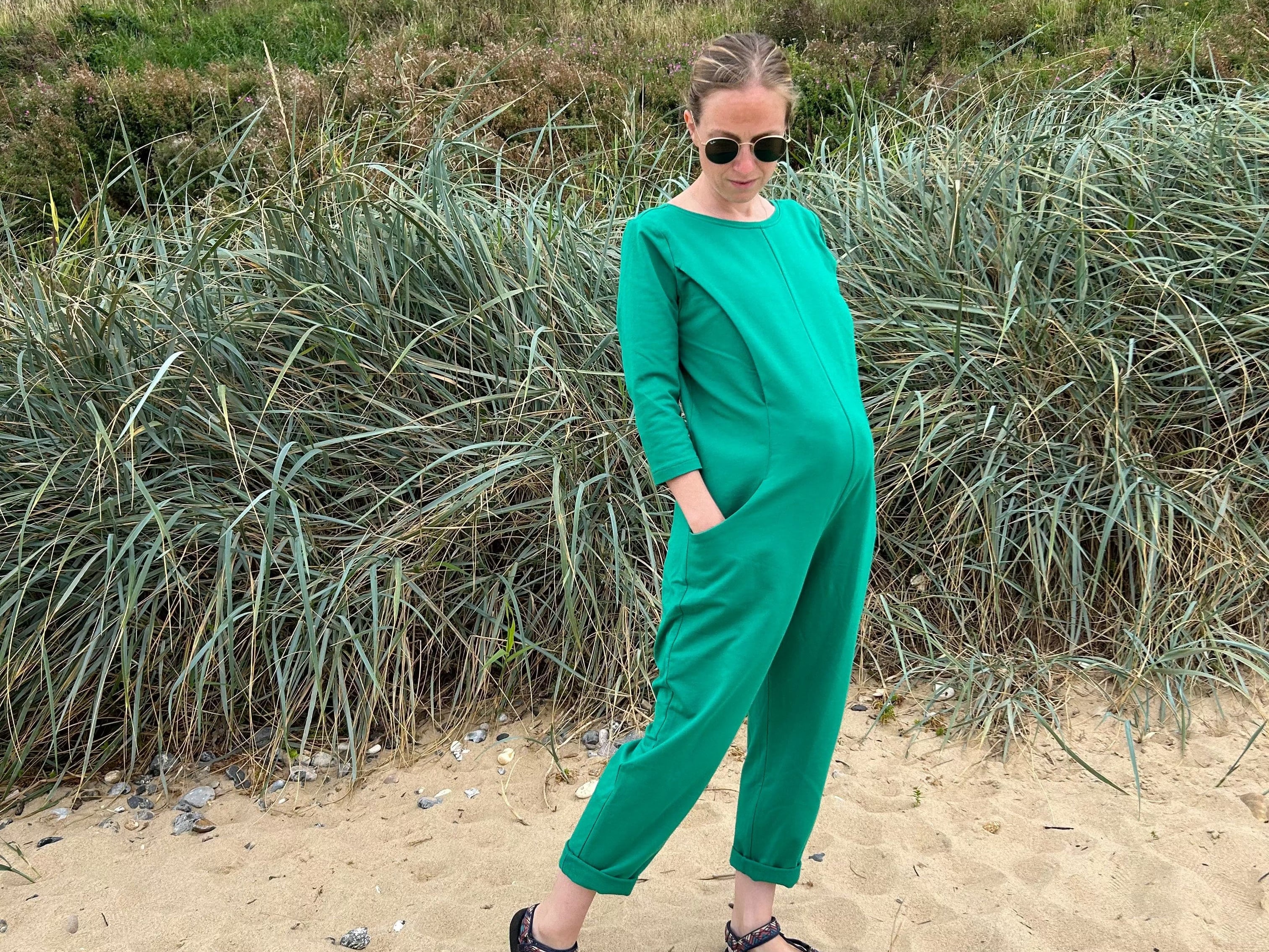 JOURNY Etta Jumpsuit Maternity Breastfeeding Friendly Green French Terry 1