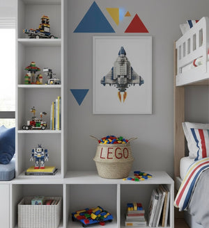 LEGO belly basket, large, filled with toy bricks on a low white shelf unit in a child's bedroom with a spaceship print