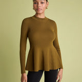 Peplum ribbed jumper in khaki on woman