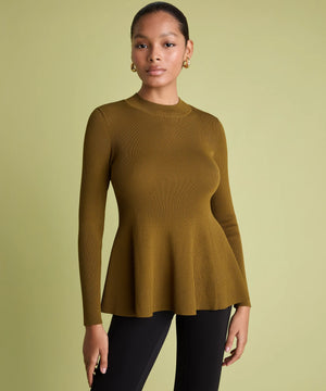 Peplum ribbed jumper in khaki on woman