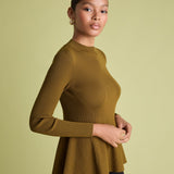 Peplum ribbed jumper in khaki on woman