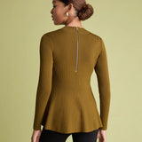 back of ribbed jumper in khaki on woman