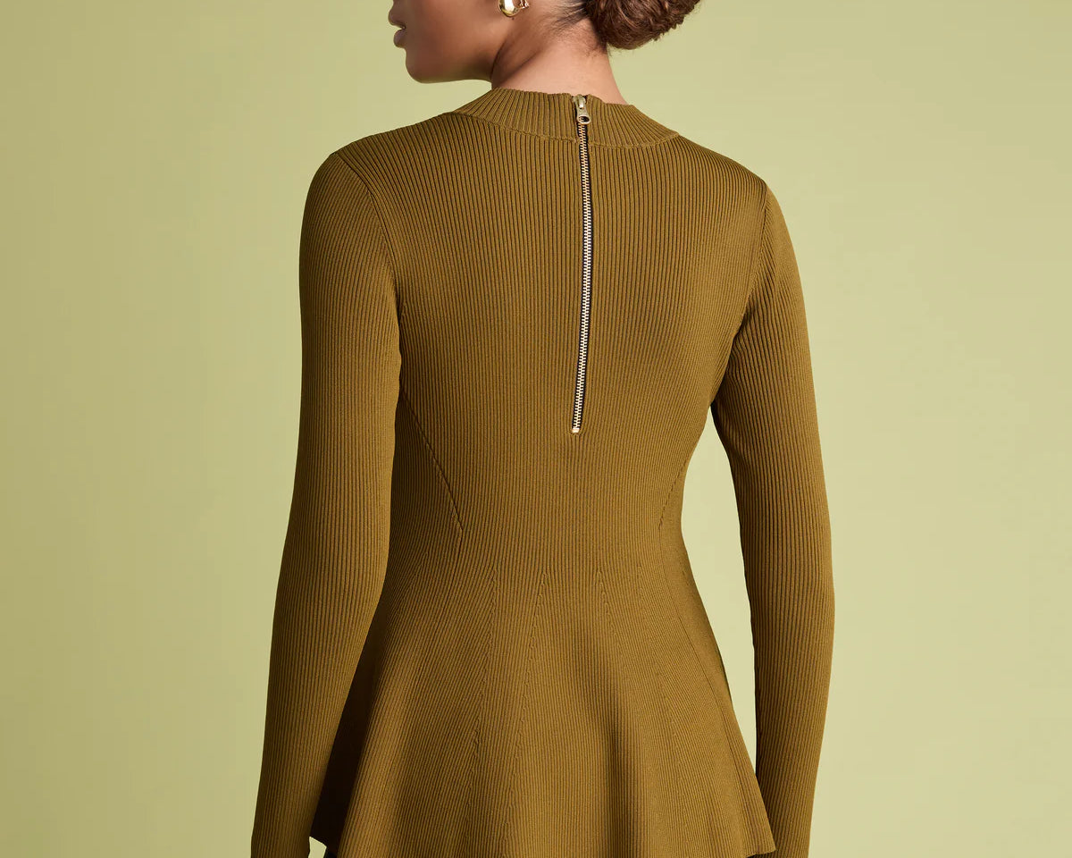 back of ribbed jumper in khaki on woman
