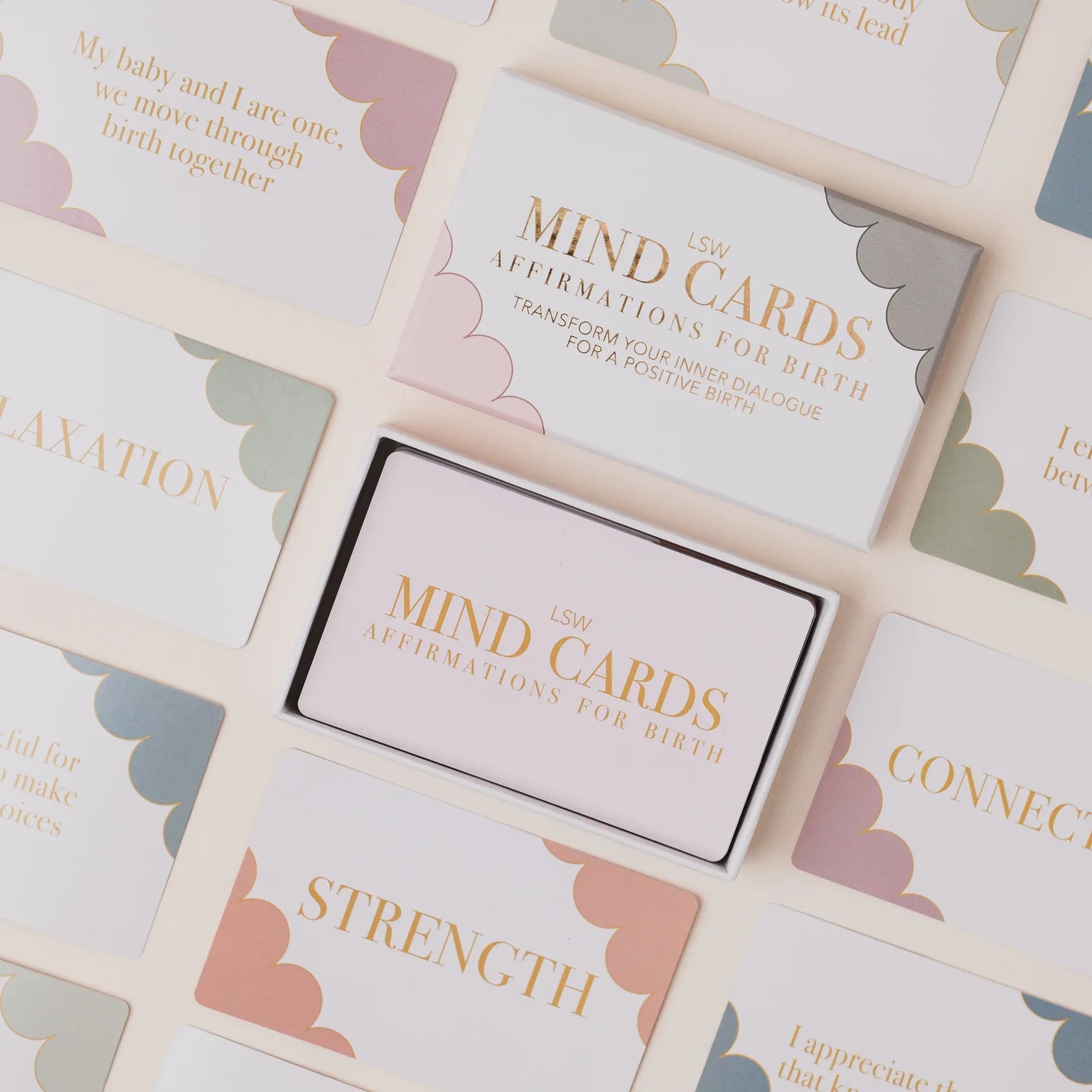 Set of 'MIND CARDS' with affirmations for birth on a grid background