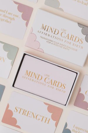 Set of 'MIND CARDS' with affirmations for birth on a grid background