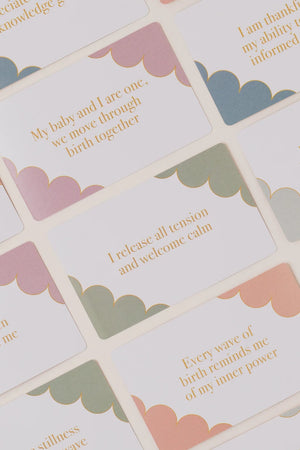 Set of cards with motivational phrases and cloud designs on a light background