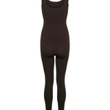 A dark brown sleeveless bodysuit or jumpsuit with a scoop neckline and full-length legs, shown against a plain white background.