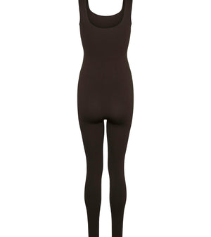 A dark brown sleeveless bodysuit or jumpsuit with a scoop neckline and full-length legs, shown against a plain white background.