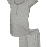 Gray pajama set with top and shorts on a white background