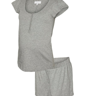 Gray pajama set with top and shorts on a white background