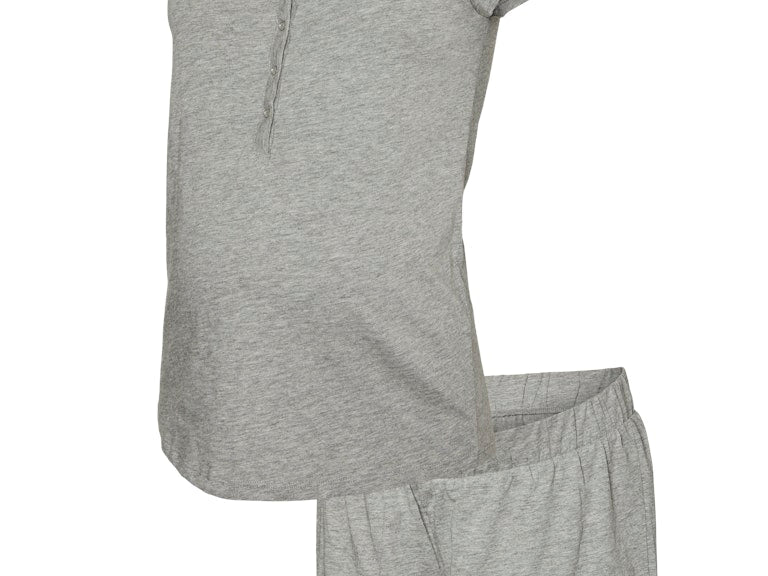 Gray pajama set with top and shorts on a white background