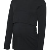 A black long-sleeve maternity top with a layered, asymmetrical hem design, shown on a plain white background.
