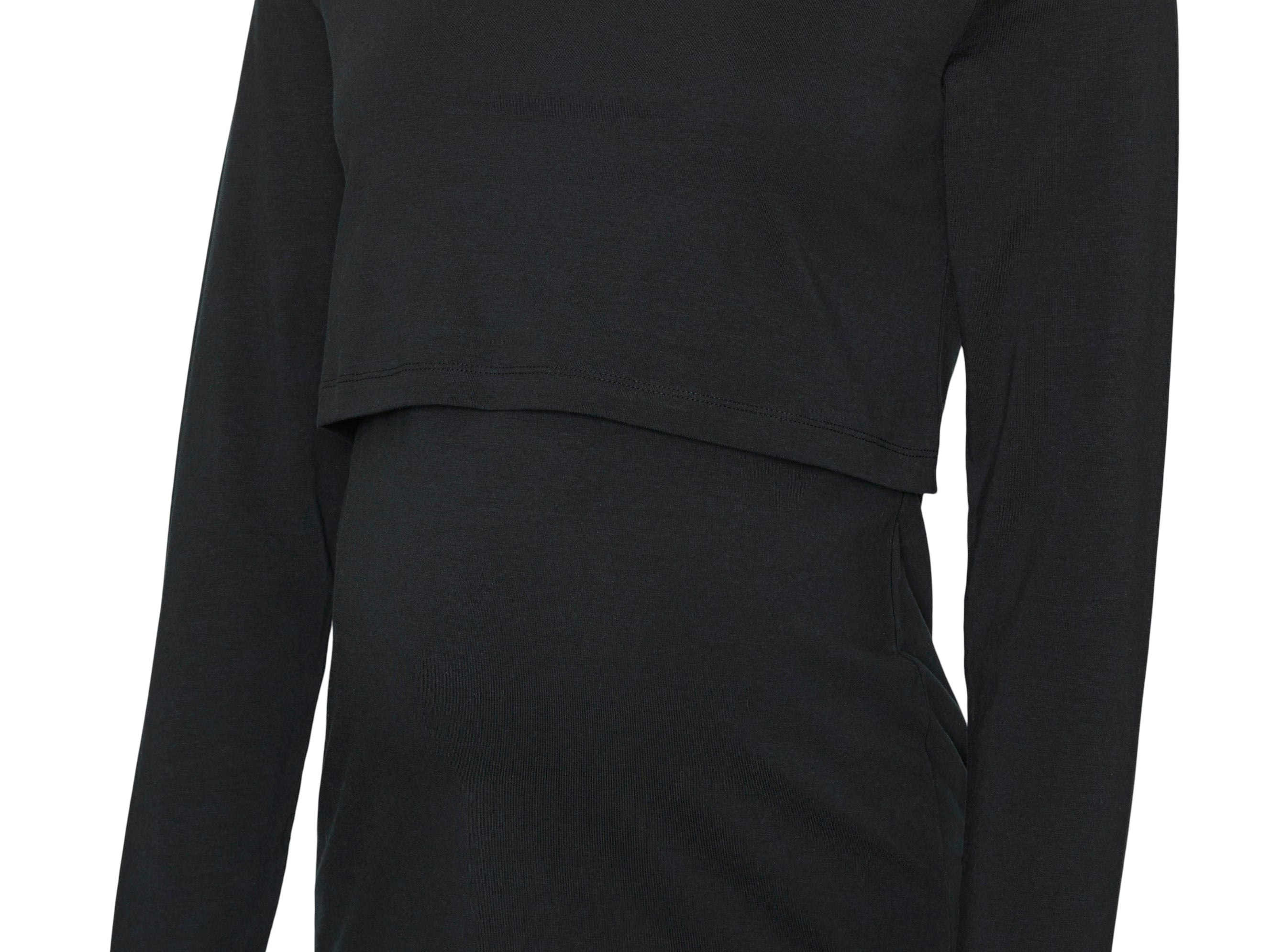A black long-sleeve maternity top with a layered, asymmetrical hem design, shown on a plain white background.