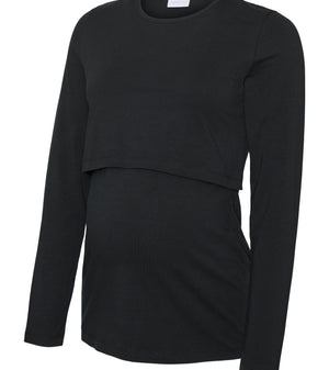 A black long-sleeve maternity top with a layered, asymmetrical hem design, shown on a plain white background.