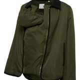 Green jacket with black trim on a white background