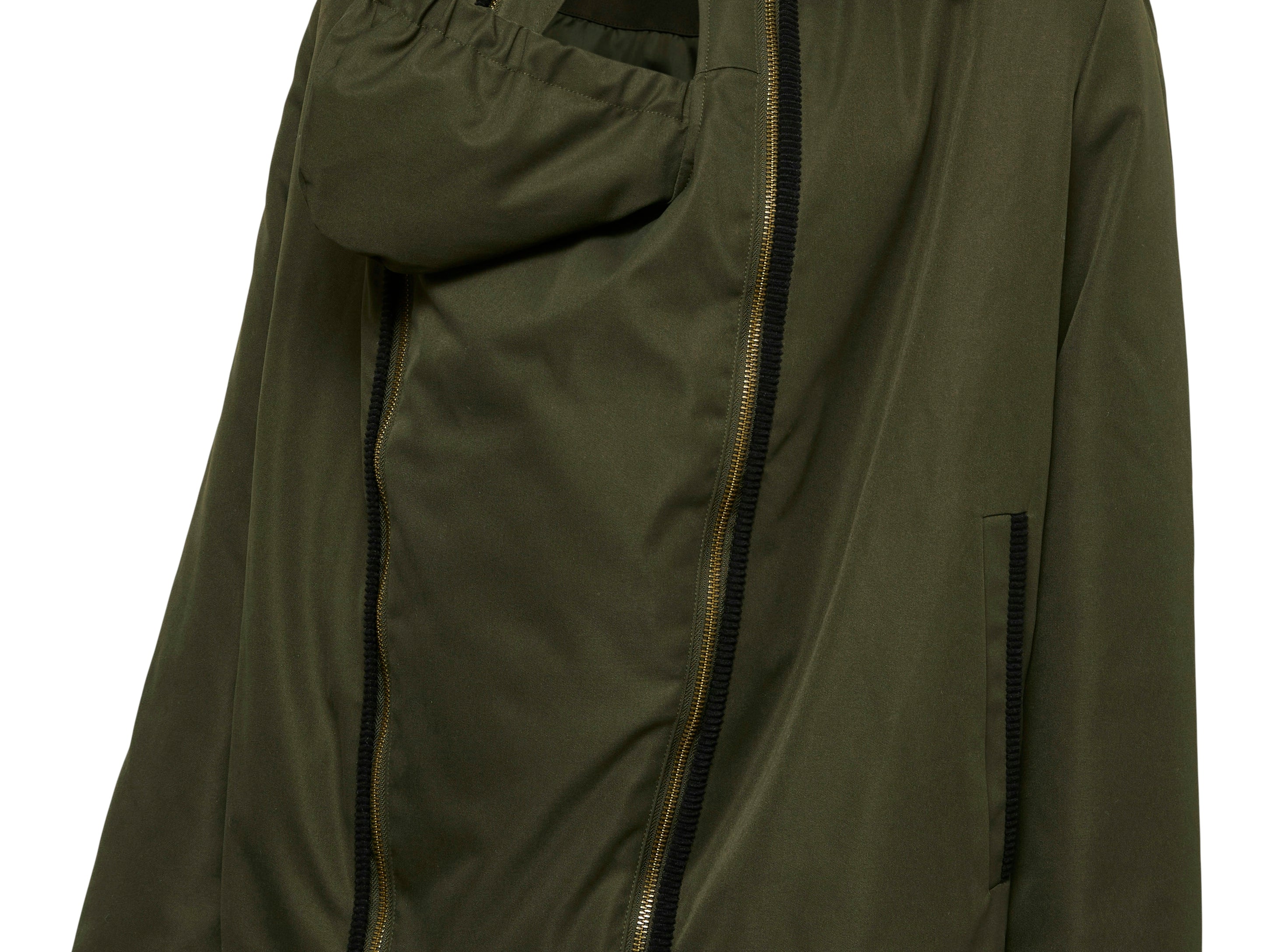 Green jacket with black trim on a white background