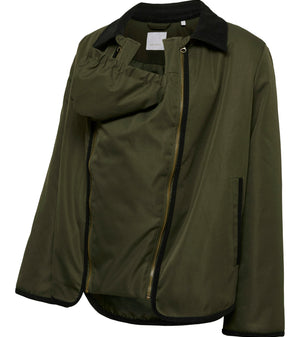 Green jacket with black trim on a white background