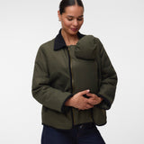 Woman with baby under coat, wearing Khaki green short jacket with black collar and zip front