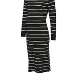 A long-sleeve knit midi dress with horizontal black and white stripes, shown against a plain white background.