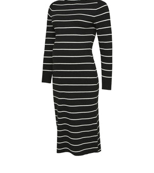 A long-sleeve knit midi dress with horizontal black and white stripes, shown against a plain white background.