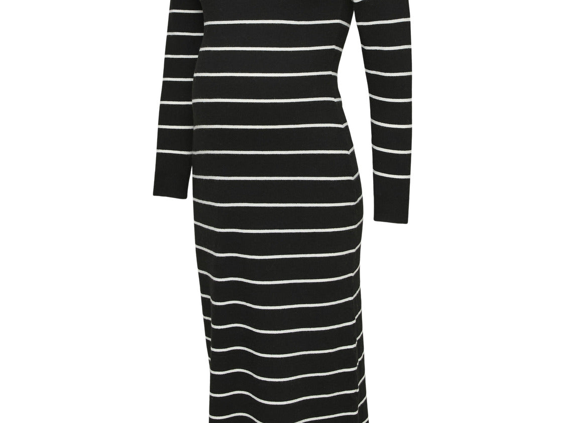 A long-sleeve knit midi dress with horizontal black and white stripes, shown against a plain white background.