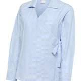 Light blue and white striped shirt with a tie detail on a white background