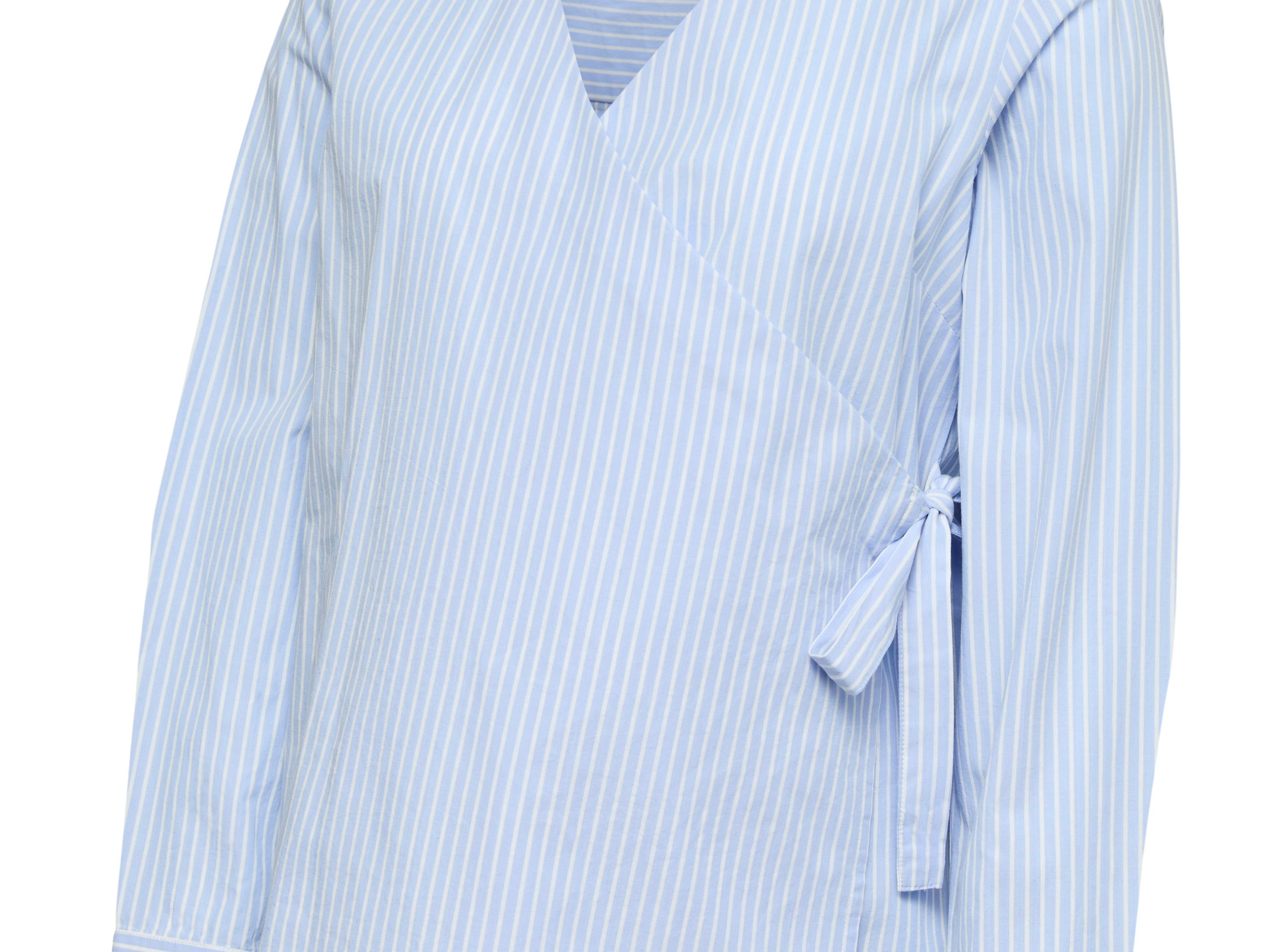 Light blue and white striped shirt with a tie detail on a white background