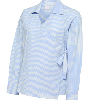 Light blue and white striped shirt with a tie detail on a white background