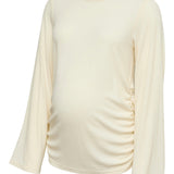 An off-white long-sleeve maternity top with a gathered side seam, shown on a plain white background.