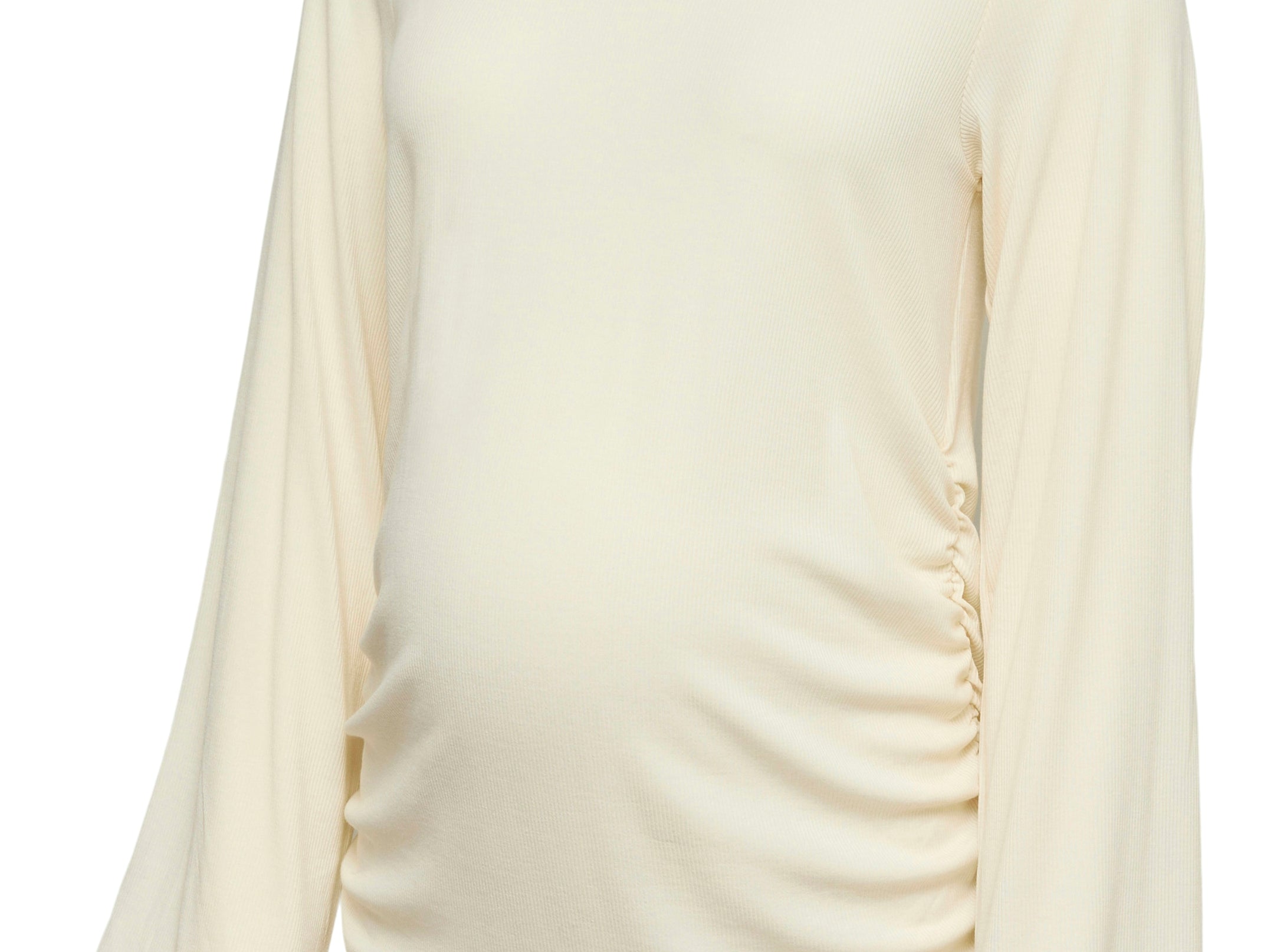 An off-white long-sleeve maternity top with a gathered side seam, shown on a plain white background.