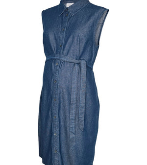 Blue denim dress on a white background