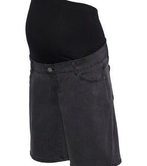 Black denim shorts worn over a black maternity top on a white background