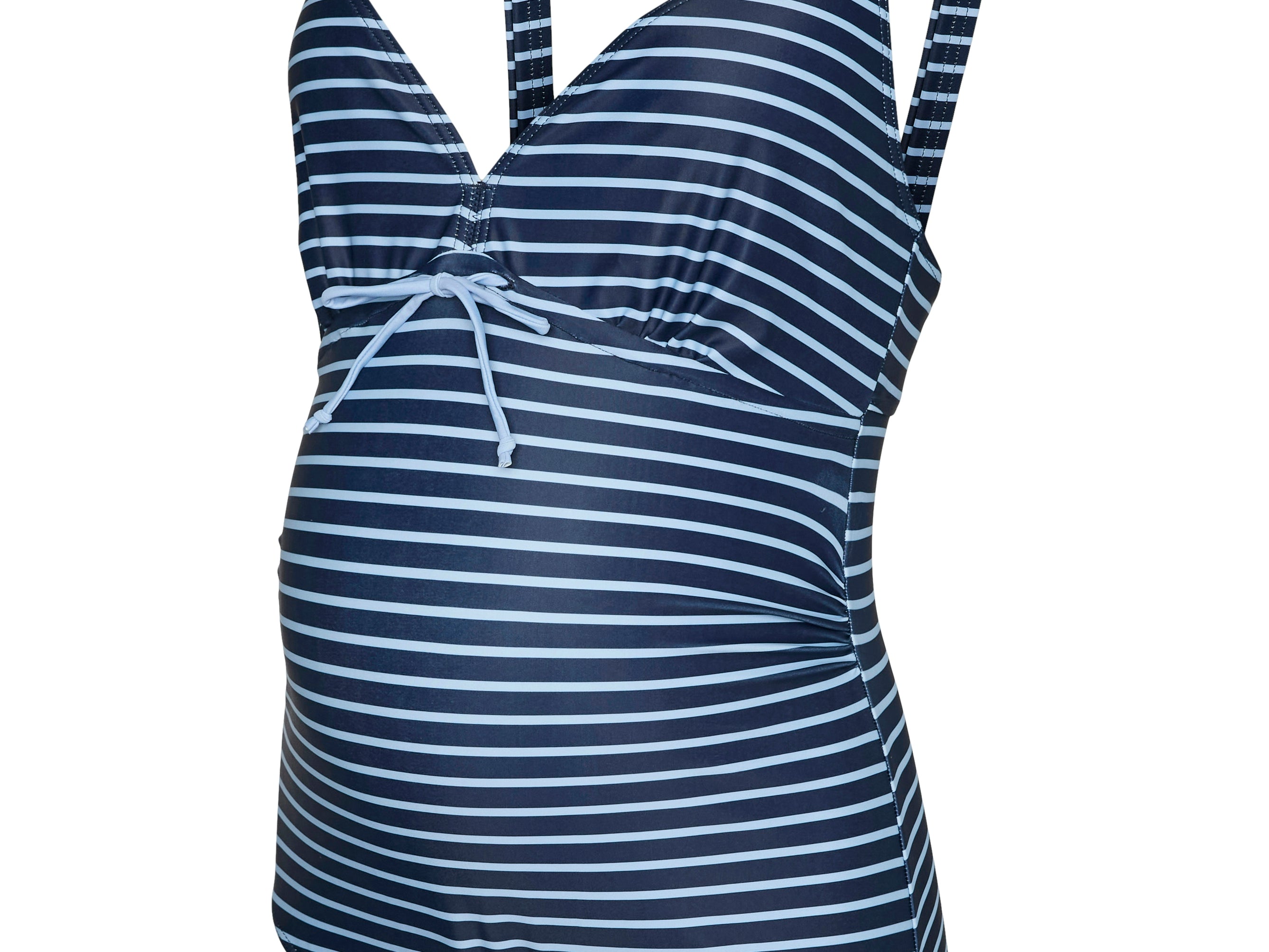Navy and white striped maternity swimsuit on a white background