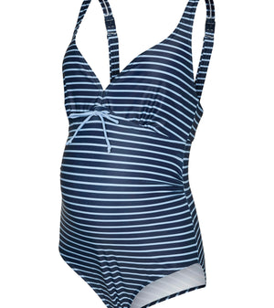Navy and white striped maternity swimsuit on a white background