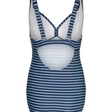 Blue and white striped swimsuit on a white background