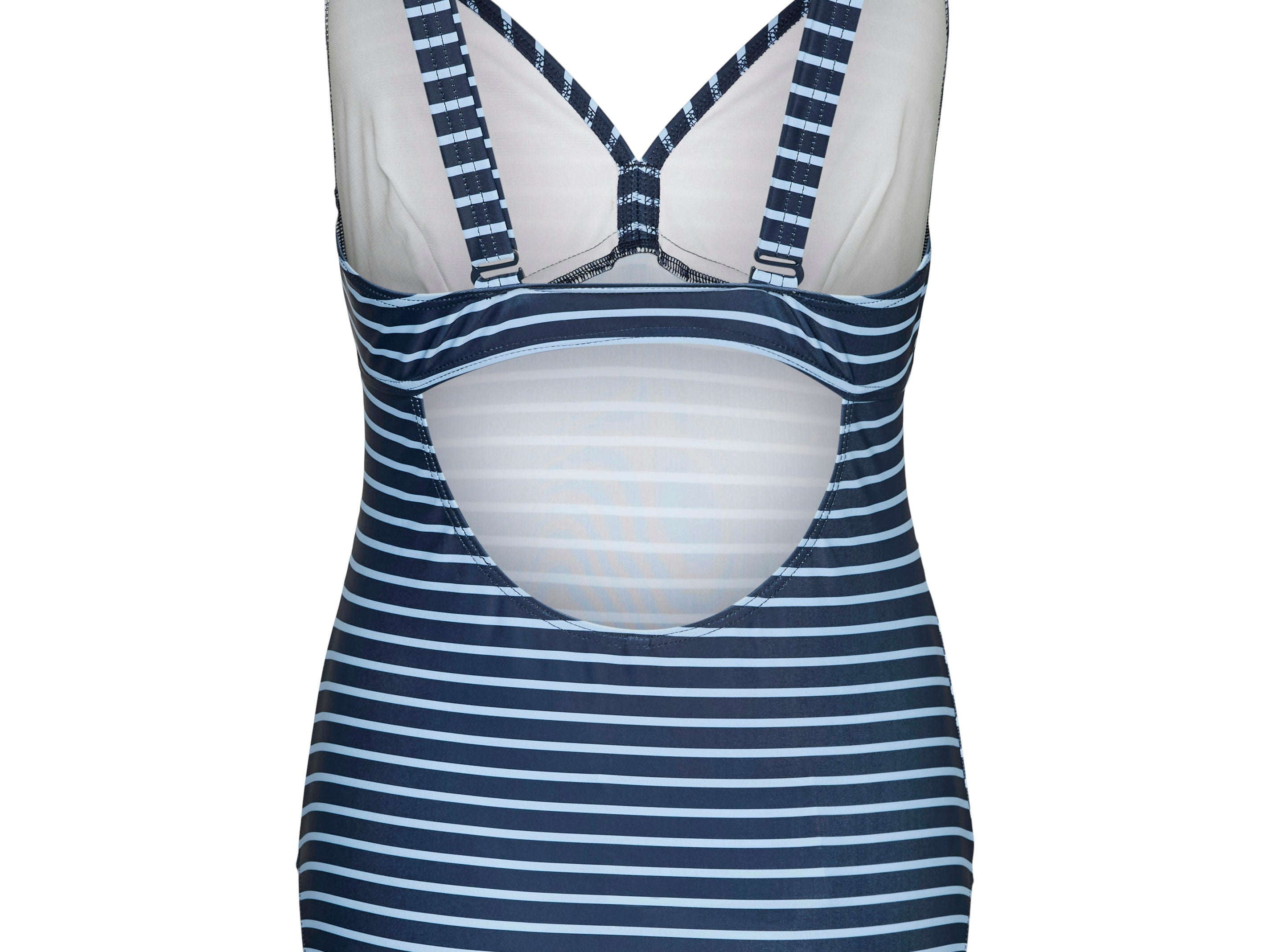 Blue and white striped swimsuit on a white background