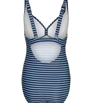 Blue and white striped swimsuit on a white background