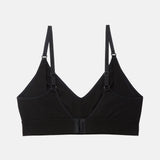 A black ribbed wireless bralette with adjustable shoulder straps and a central hook-and-eye closure, displayed against a light gray background.