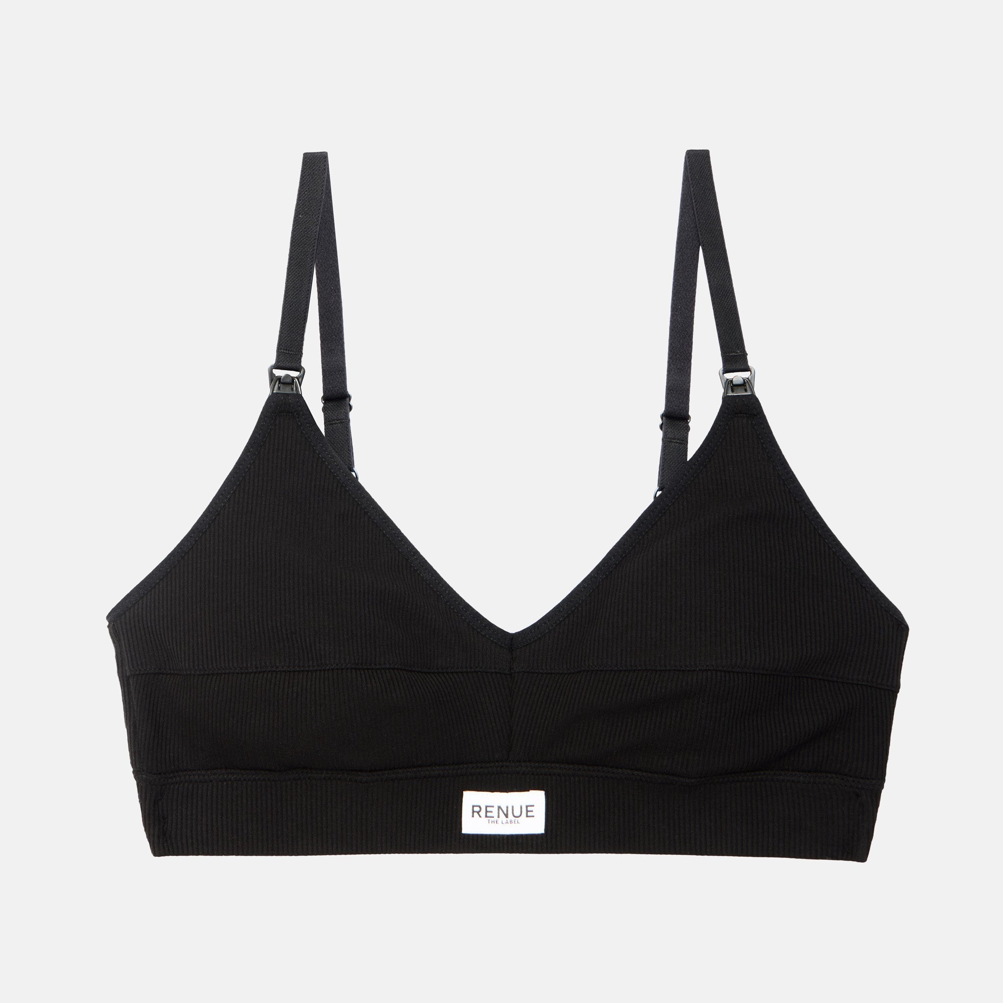 A black ribbed V-neck sports bra with adjustable shoulder straps and a small white brand label at the bottom center, displayed on a light gray background.