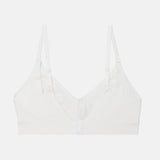 A white seamless bralette with adjustable shoulder straps and a center front closure, shown flat against a light gray background.